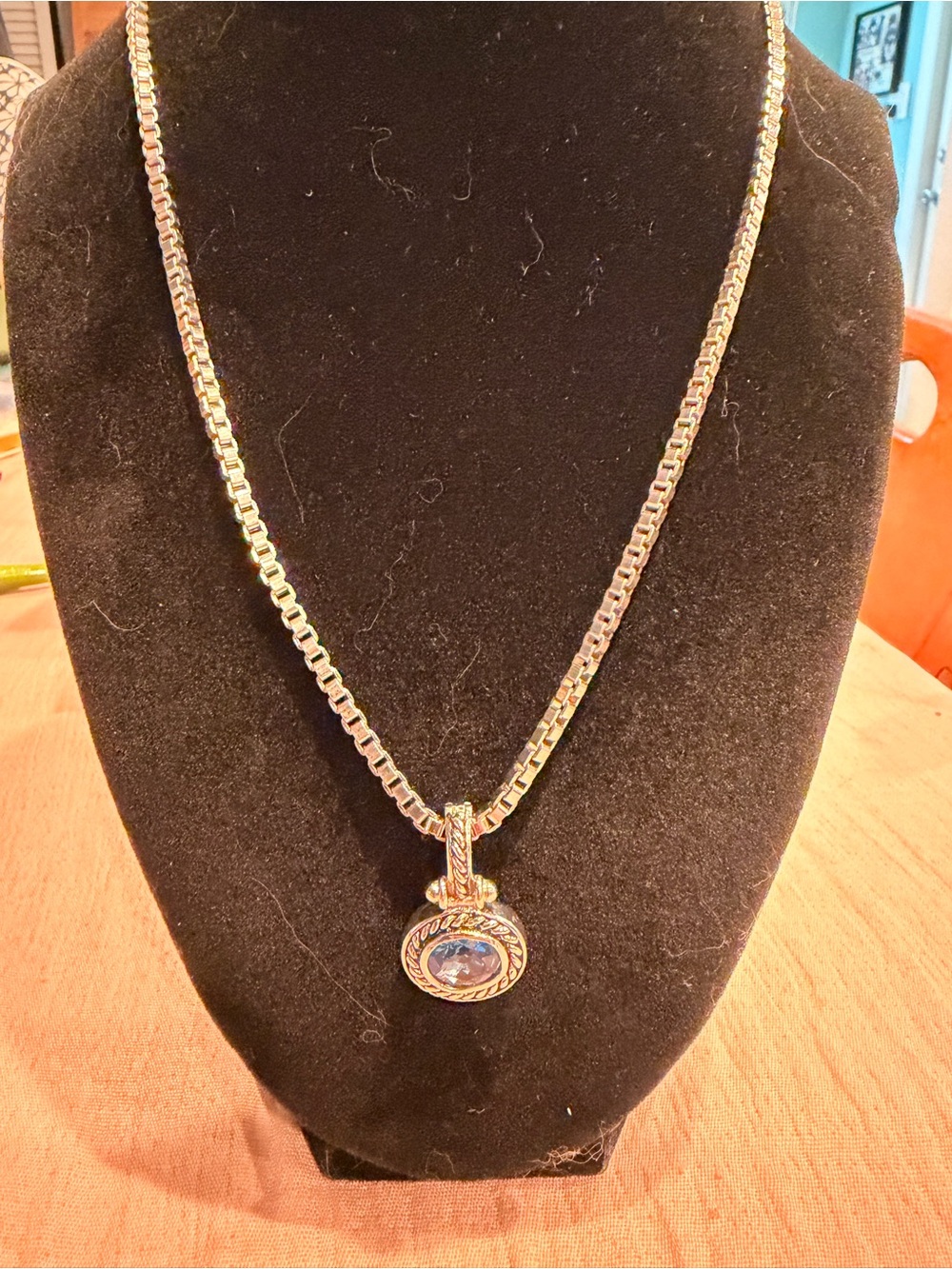 Silver-Tone Pendant Necklace with Blue Stone